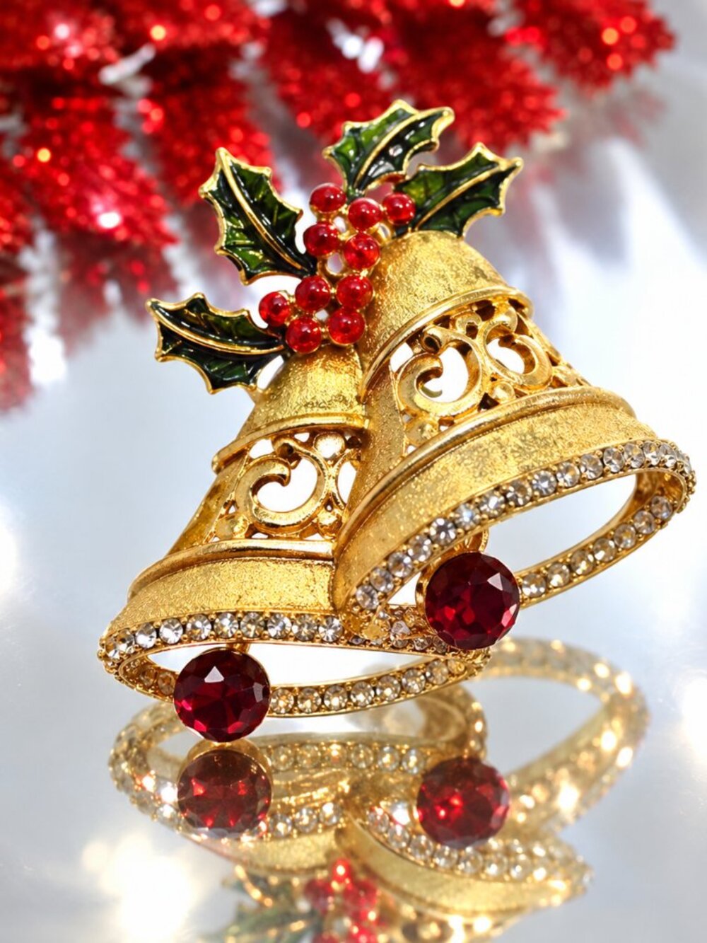 1960s Vintage Christmas Bell Brooch Gold w Red Crystals